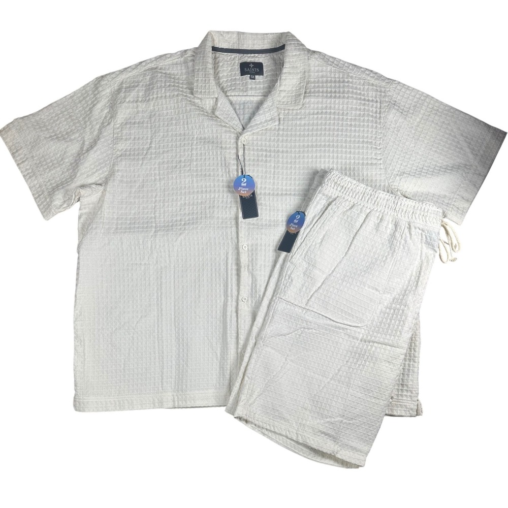 Saints Studio Mens 5XL 2 Piece Set Shirt Shorts Cream Waffle Knit Textured NEW